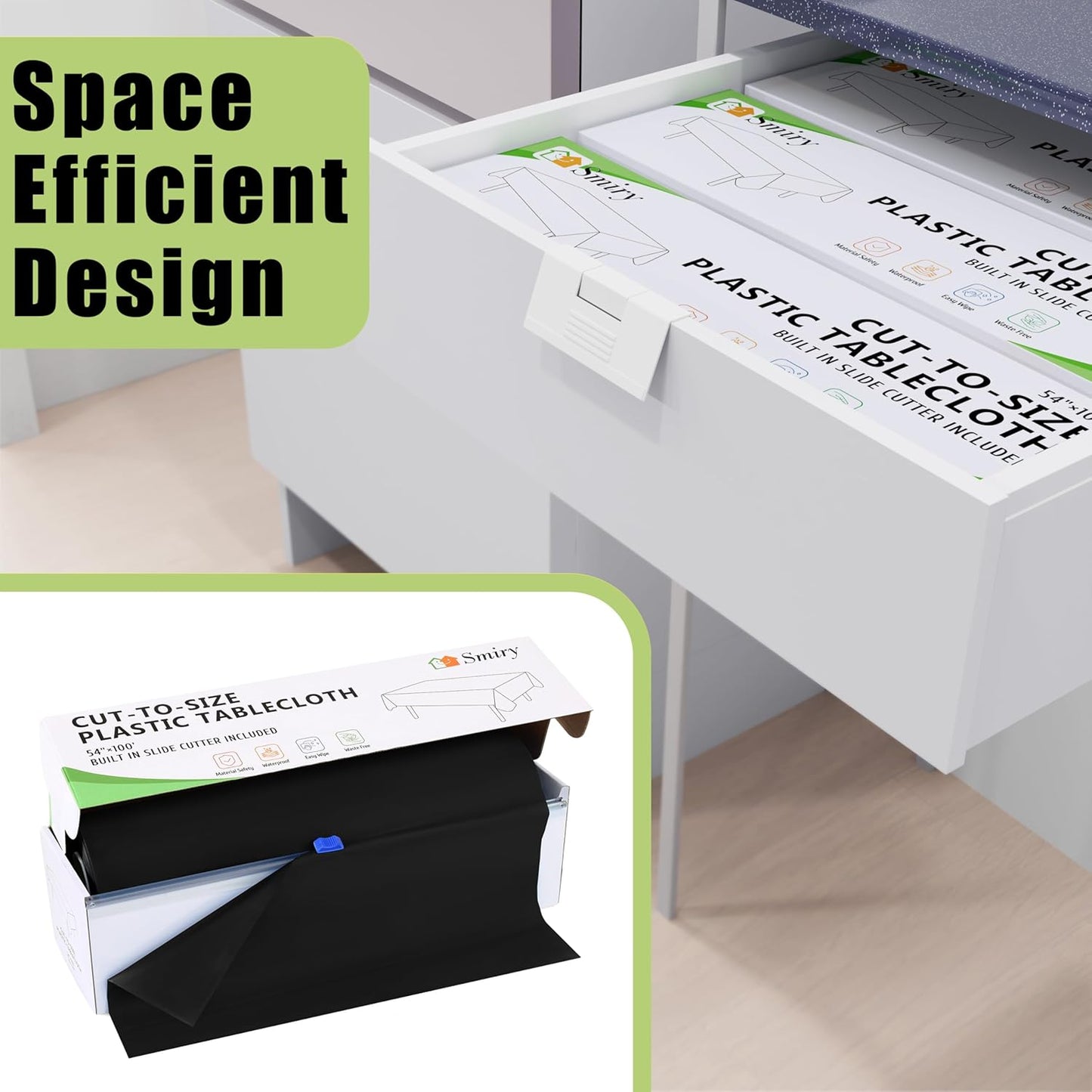 Smiry 54 Inch x 300 Feet Disposable Table Cover Roll, Black Plastic Table Cloth in Cut-to-Size Box with Slide Cutter, Waterproof Rectangle Tablecloths for Weddings, Banquets, Outdoor