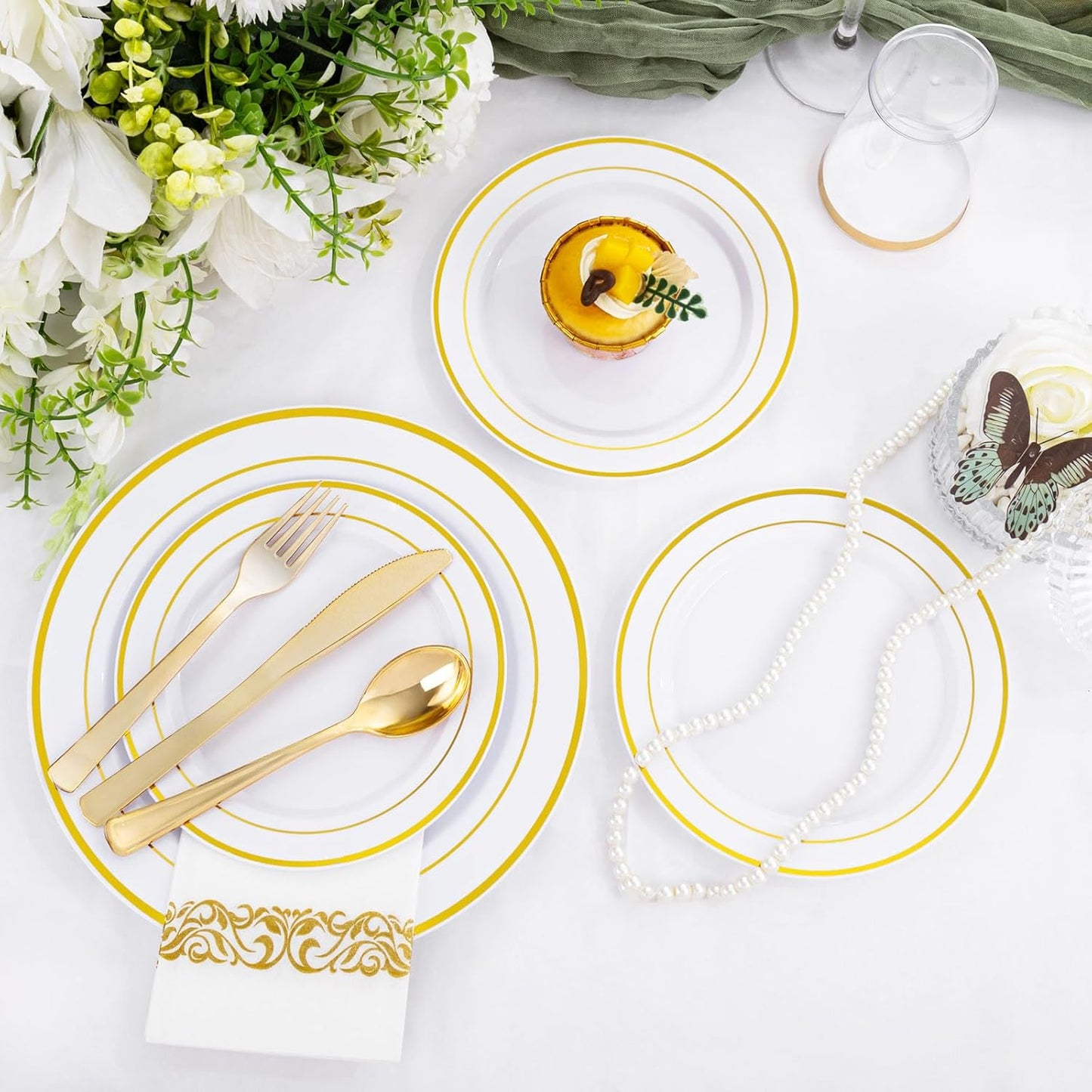 Supernal 200pcs Gold Plastic Dinnerware included 25 Party Dinner Plates 25 Dessert Plates 25 Disposable Cups and 25 Paper Napkins Disposable 25 Spoons 25 Knives 50 Forks for Party and Wedding