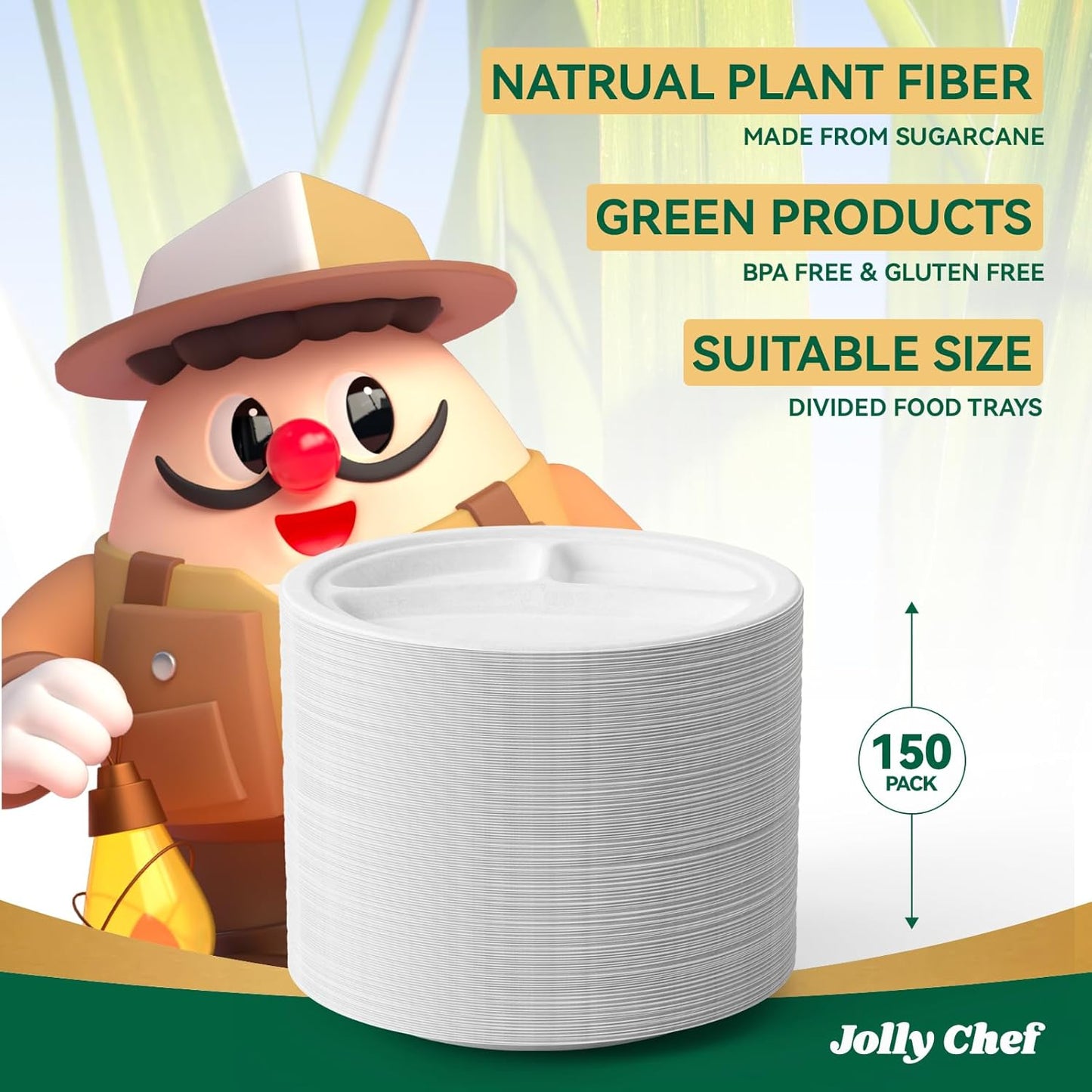 JOLLY CHEF Compostable 𝟯 Compartment Paper Plates 𝟵 𝗜𝗻𝗰𝗵 [𝟭𝟱𝟬 𝗣𝗮𝗰𝗸] Heavy Duty Divided Disposable Eco-Friendly Bagasse Biodegradable White Round Trays for Party Dinner Thanksgiving Day