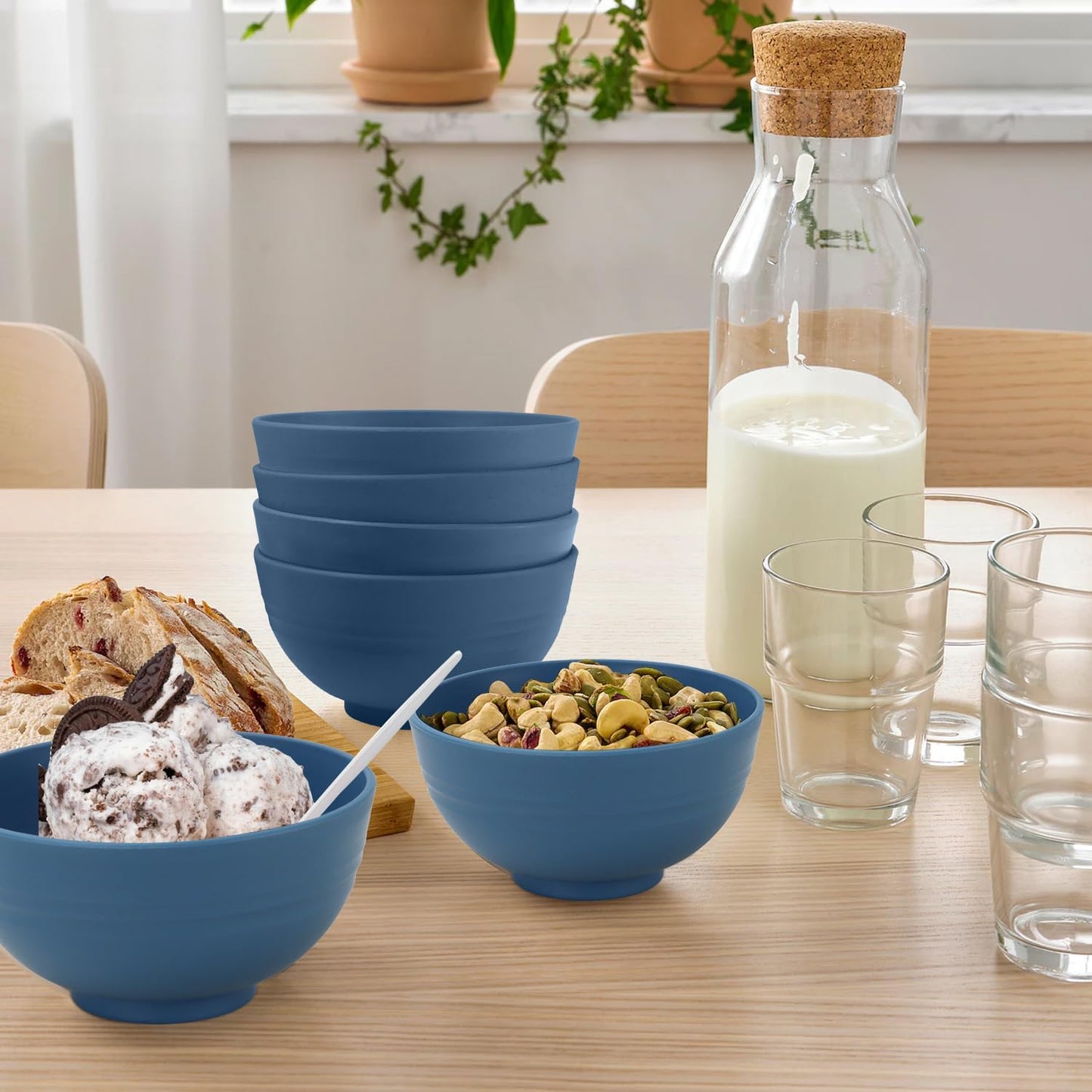 Wrova wheat straw dessert bowls 10oz set of 8 - Unbreakable snack Bowls Dishwasher Safe - Handy Bowls for Ice Cream,Yogurt and Fruits. Blue