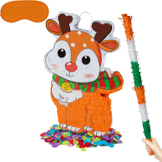 PCFING 21.6 Inch Christmas Reindeer Piñata with 30 Inch Piñata Stick Blindfold Confetti for Boy Girl Adults Xmas Party Game Decorations