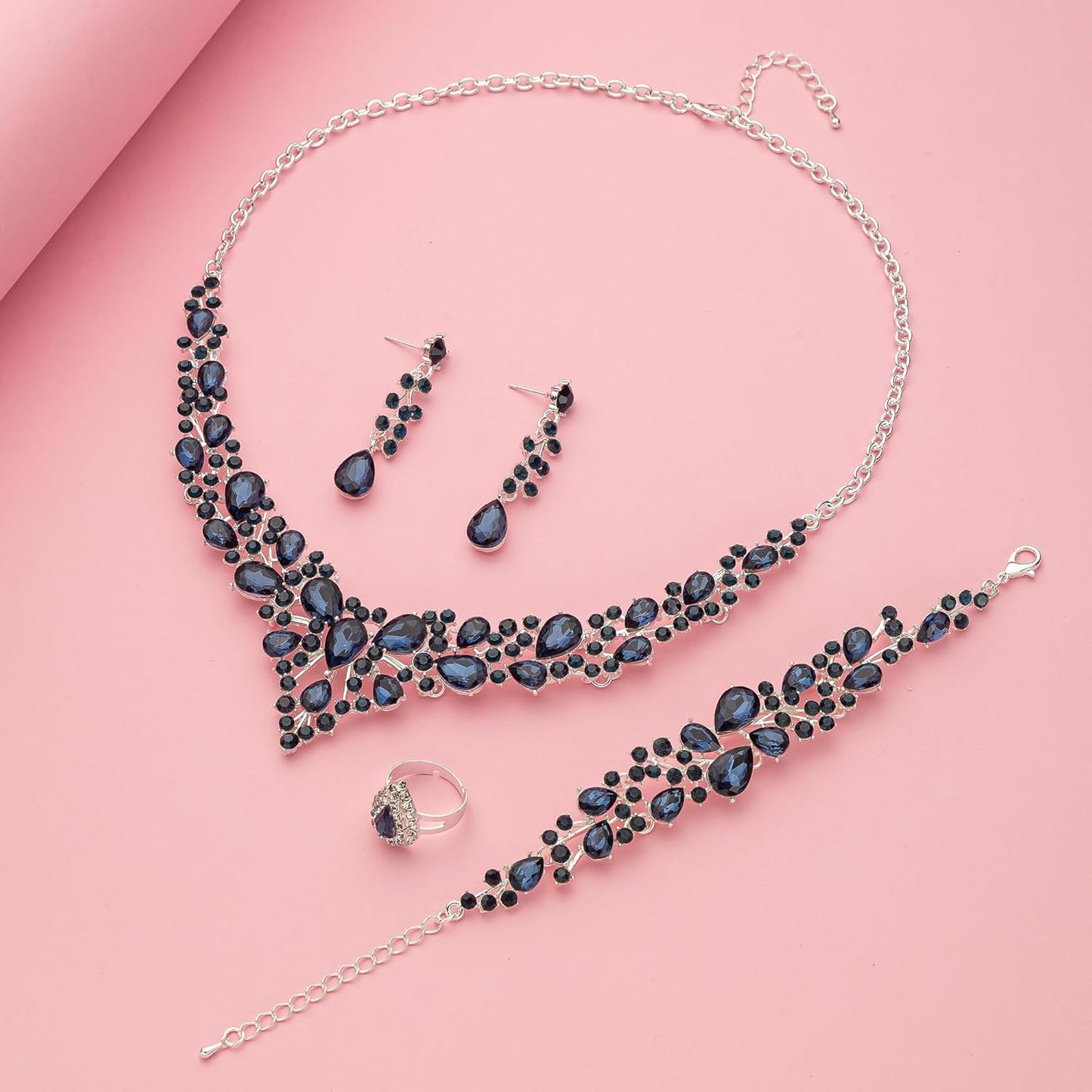 Crystal Bridal Wedding Jewelry Sets for Women Rhinestone Teardrop Crystal Statement Choker Necklace Drop Earrings Link Bracelets Rings Teardrop Jewelry Set for Brides Bridesmaids