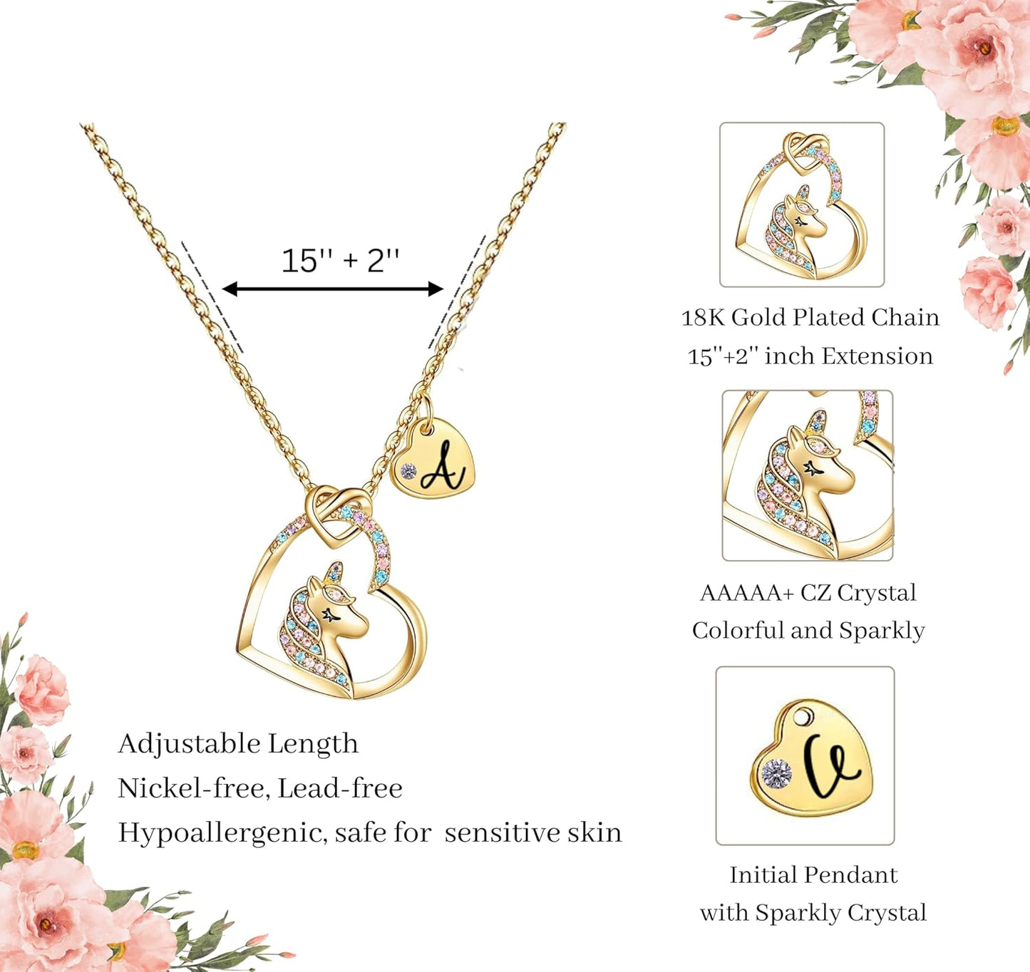 Unicorn Necklace for Girls Kids with Personalized Initial Heart Pendant, 18K Gold Fashion Jewelry for Girls, Colorful Heart Necklace for Birthday Gifts.