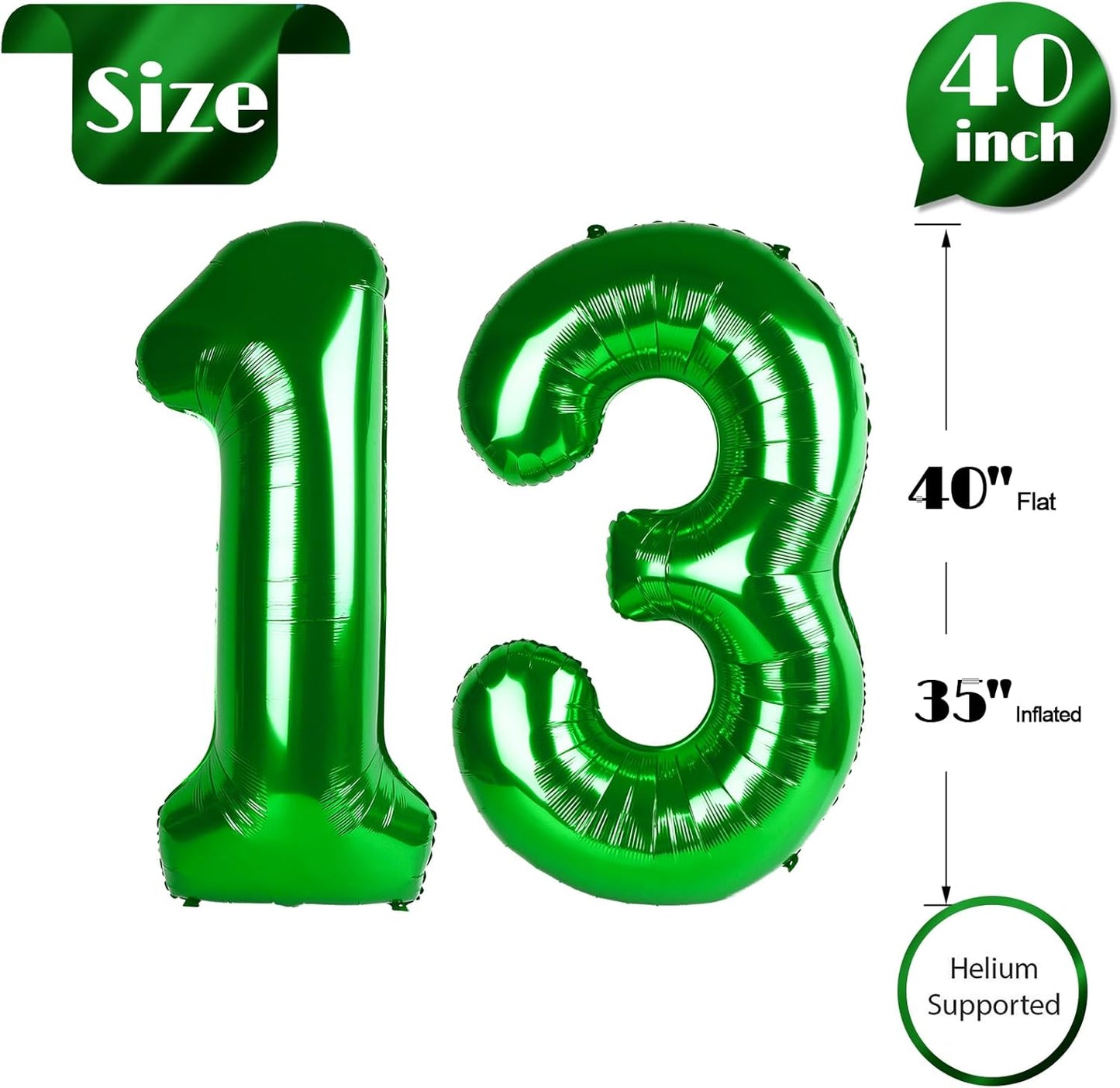 Green Number 13 Balloon 40 inch, 13 Number Balloons, 13th Green Birthday Decorations, 13 Year Old Girls Boys Party Supplies, St. Patrick's Day Games Theme Birthday Decorations