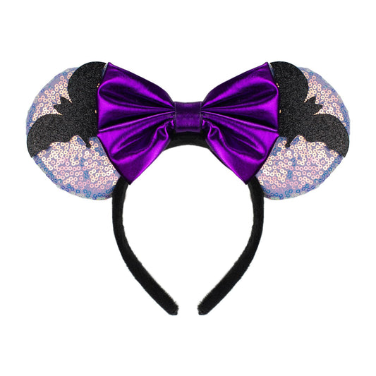 LED Mouse Ear Light Up Headband, Sequin Purple Bow Hairband, Flash Glowing Party Decoration Headwear Hair Accessories for Women Girls