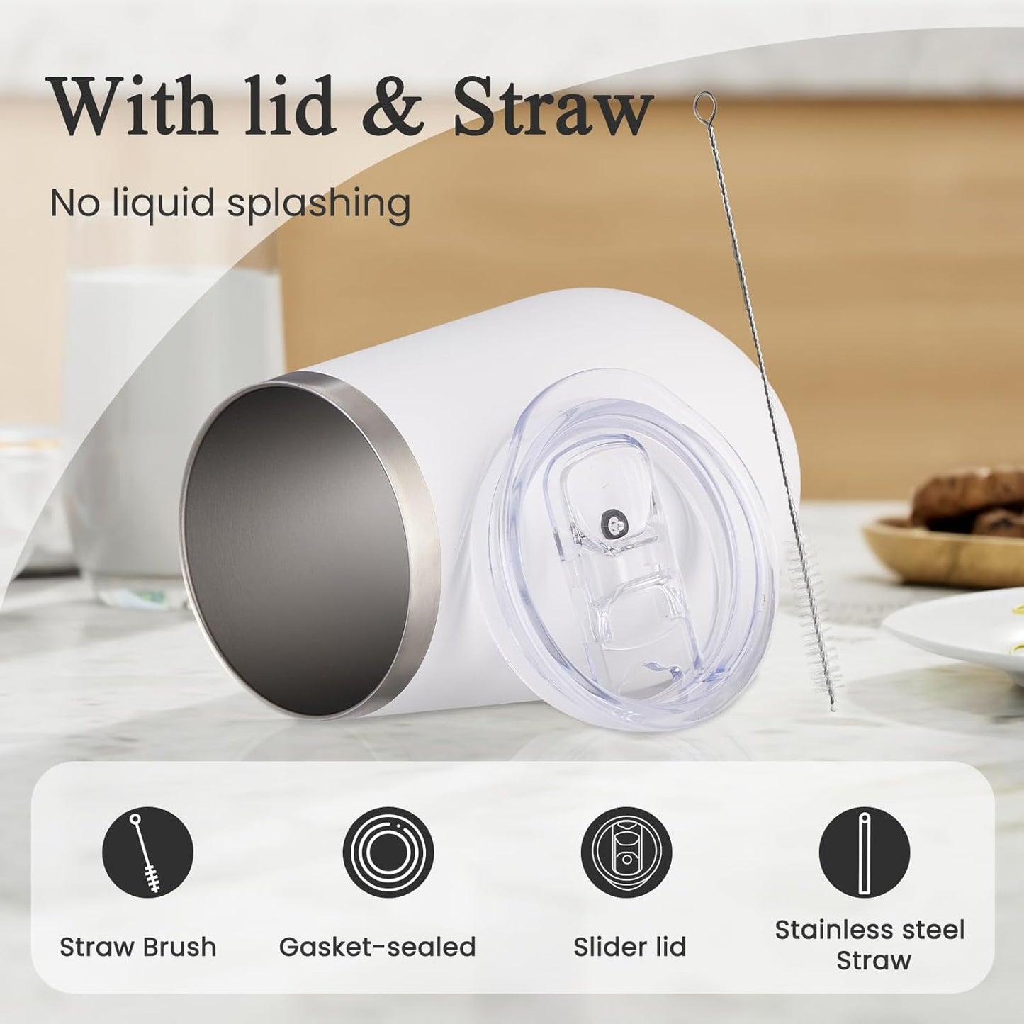 MEWAY Stemless 12oz Insulated Wine Tumbler with Lid and Straw - Double Wall Stainless Steel Thermal Cups, Travel wine glasses, Ideal for Bridal and Baby Shower Game Prizes(White,Set of 8)