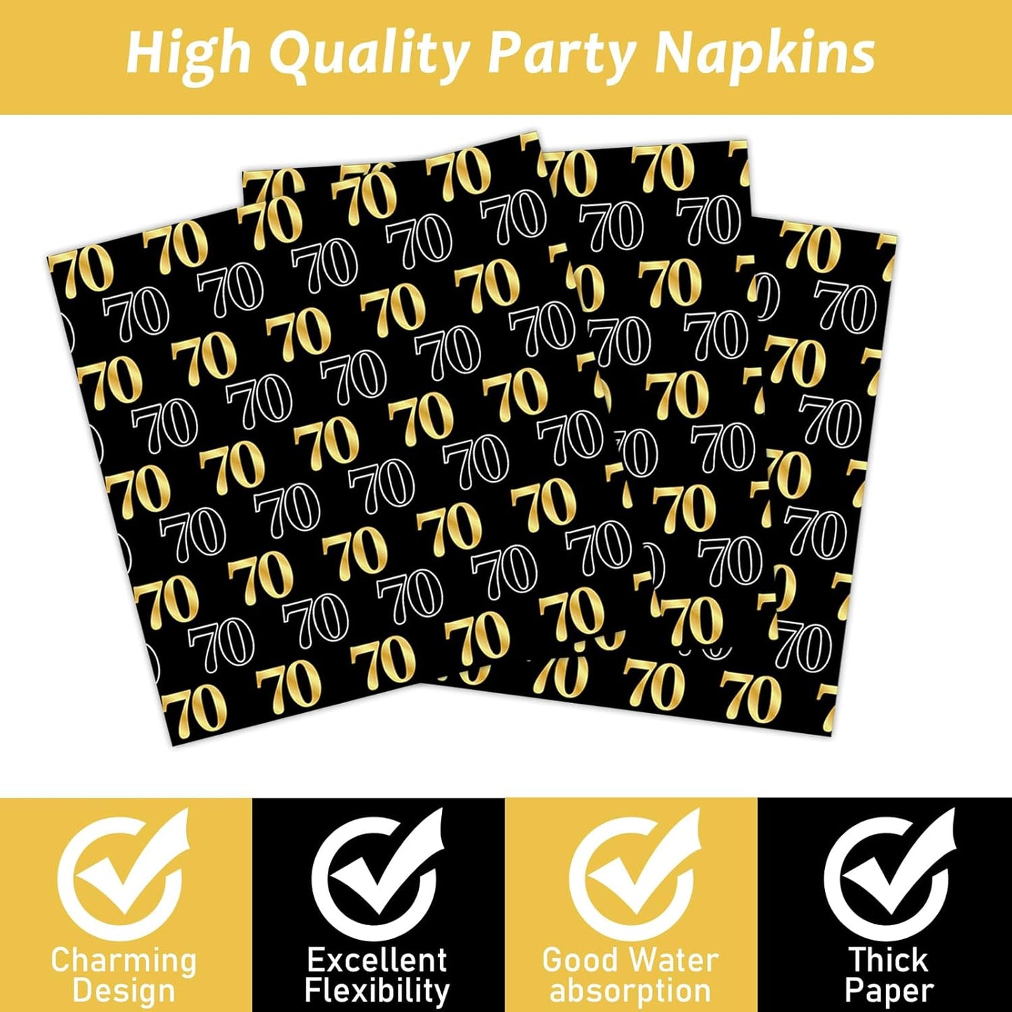 200PCS 70th Theme Birthday Party Tableware Vintage 1955 Party Supplies 70 year old Birthday Party Decorations Plates Napkins Forks Black and Gold Dinnerware Favors for Men or Women