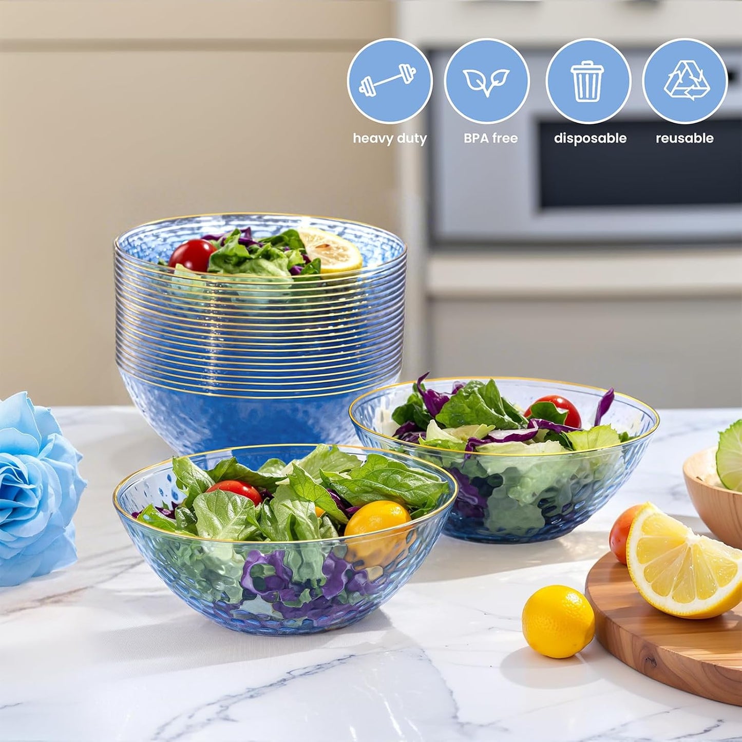 I00000 50 Pack 12 Ounce Blue Plastic Bowls Hammered Clear Bowl with Gold Rimmed, Heavy Duty Disposable Bowl Set,Elegant Small Bowls for Thanksgiving Party, Weddings, Catering
