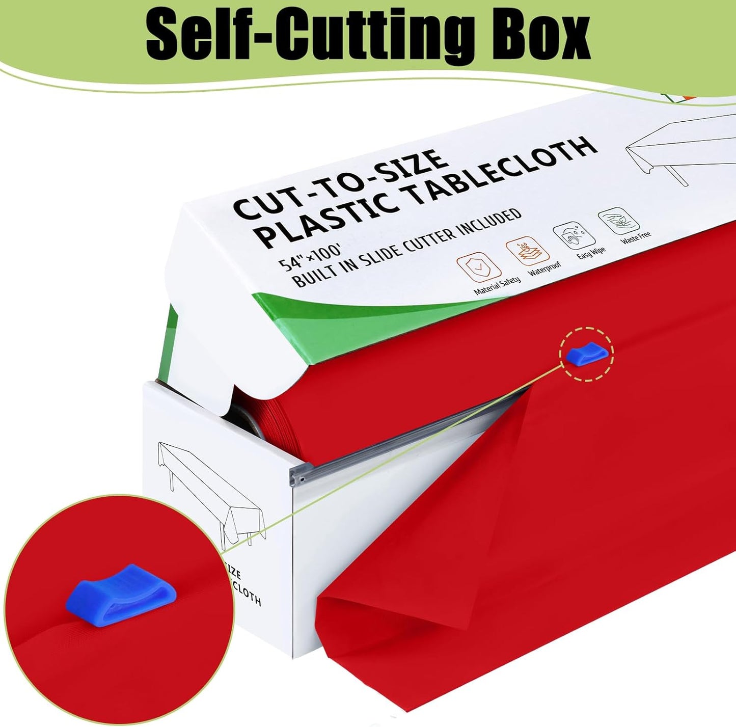 Smiry 54 Inch x 300 Feet Disposable Table Cover Roll, Red Plastic Table Cloth in Cut-to-Size Box with Slide Cutter, Waterproof Rectangle Tablecloths for Weddings, Banquets, Outdoor