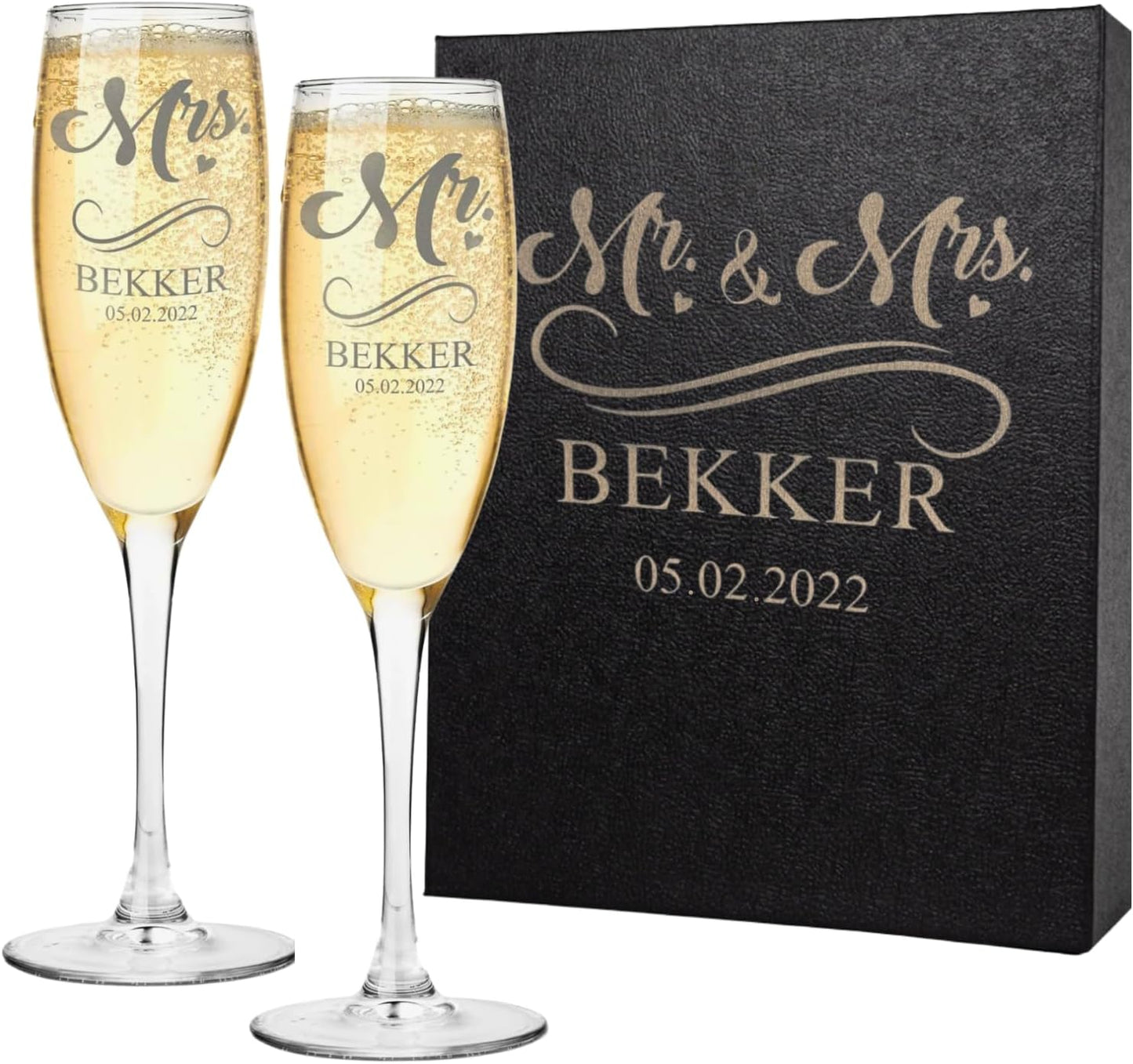 Gifts Inscribed Personalized Champagne Glasses Set of 2 – Engraved Mr and Mrs Champagne Flutes – Custom Stemmed Glassware Gift for Wedding, Engagement, Anniversary, Bridal Party