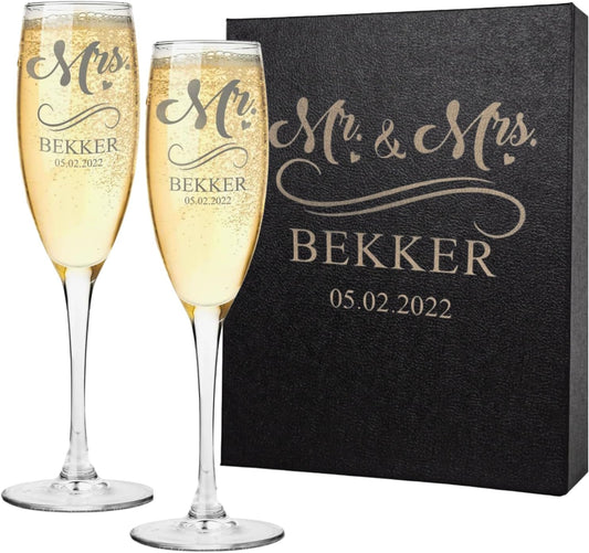 Gifts Inscribed Personalized Champagne Glasses Set of 2 – Engraved Mr and Mrs Champagne Flutes – Custom Stemmed Glassware Gift for Wedding, Engagement, Anniversary, Bridal Party