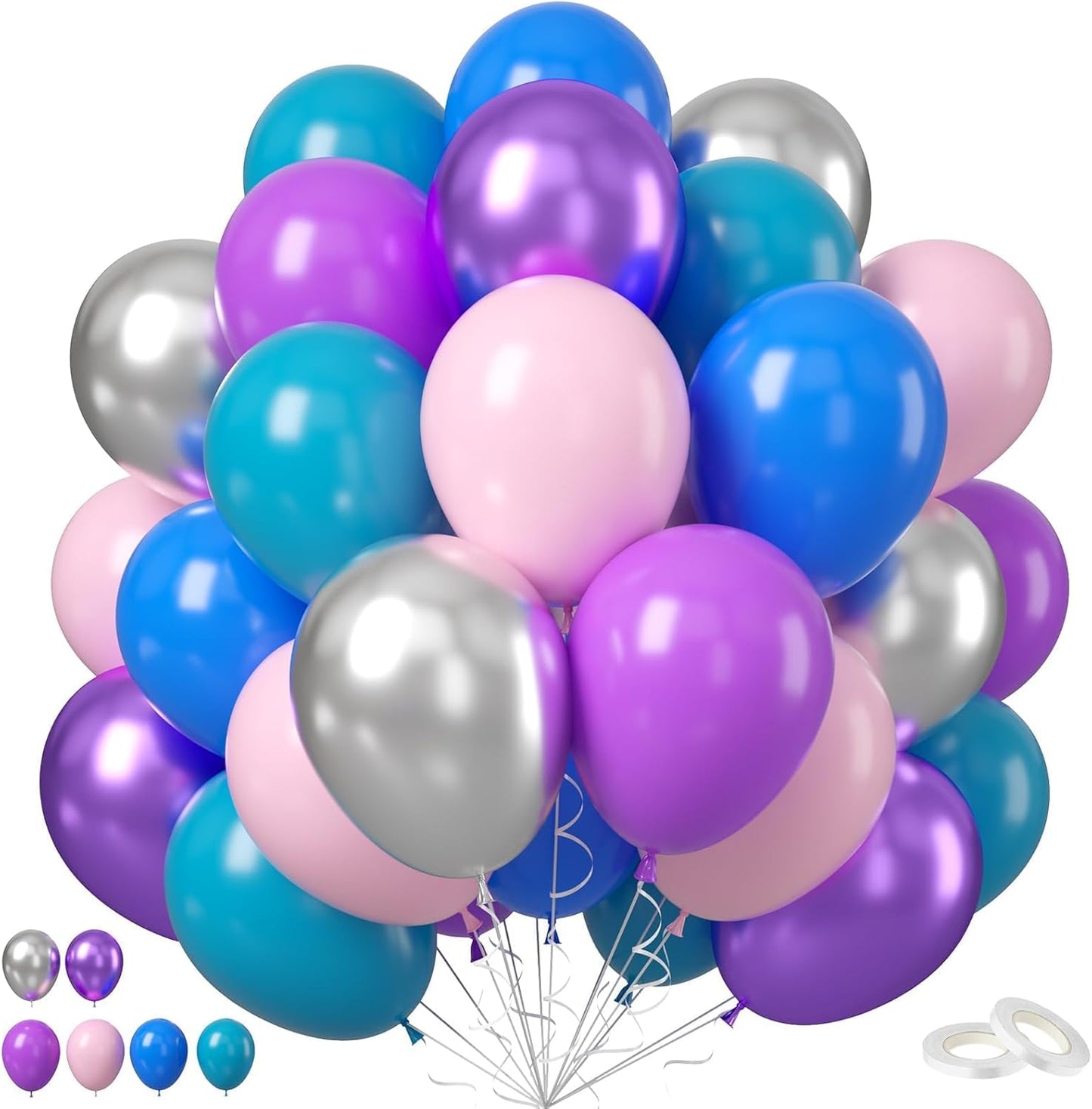 Pink Blue Purple Balloons, 50PCS 12 Inchs Pink Metallic Blue Silver Theme Balloon Latex Balloons for Kids Birthday Hawaii Tropical Party Supplies Baby Shower Party Decorations