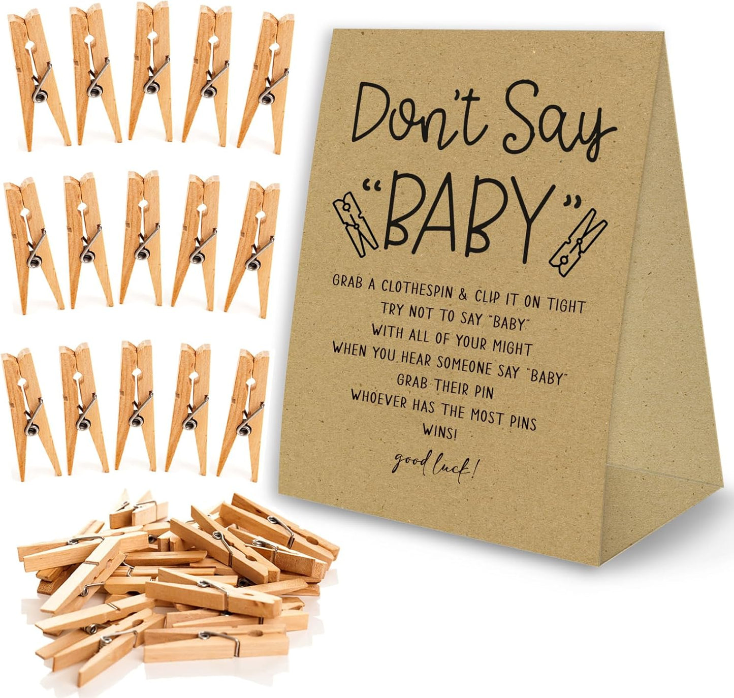 Don't Say Baby Game For Baby Shower Clothespin Game, One 5x7 Kraft Sign And 50 Natural Clothespins, Minimal Style, Gender Neutral -NDSBB03