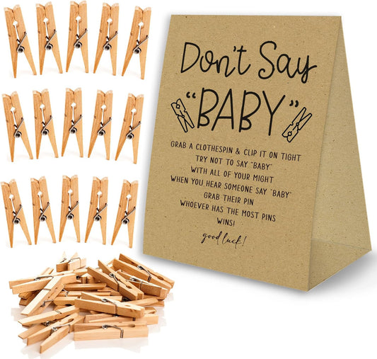 Don't Say Baby Game For Baby Shower Clothespin Game, One 5x7 Kraft Sign And 50 Natural Clothespins, Minimal Style, Gender Neutral -NDSBB03