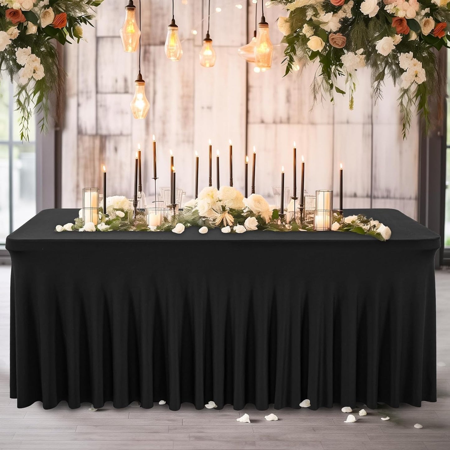 1 Pack Black Spandex Tablecloth 8ft with Pleats Skirt, Wrinkle Free High Stretch Fitted Tablecloths for 8 Foot Rectangle Tables, Ruffle Elastic Spandex Table Covers 8ft for Parties Weddings Banquet