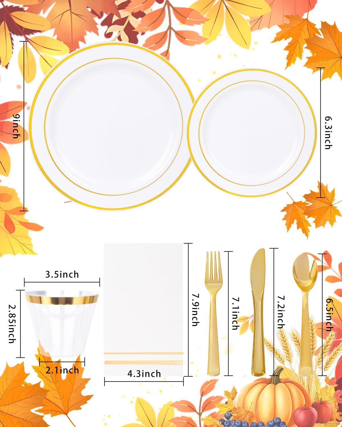 GATHER 700PCS Gold Plastic Plates - Whtie and Gold Disposable Dinnerware Sets 100Guest - 200 Disposable Plate, 300 Plastic Silverware, 100 Cups, 100 Napkins for Wedding & Party & Thanksgiving
