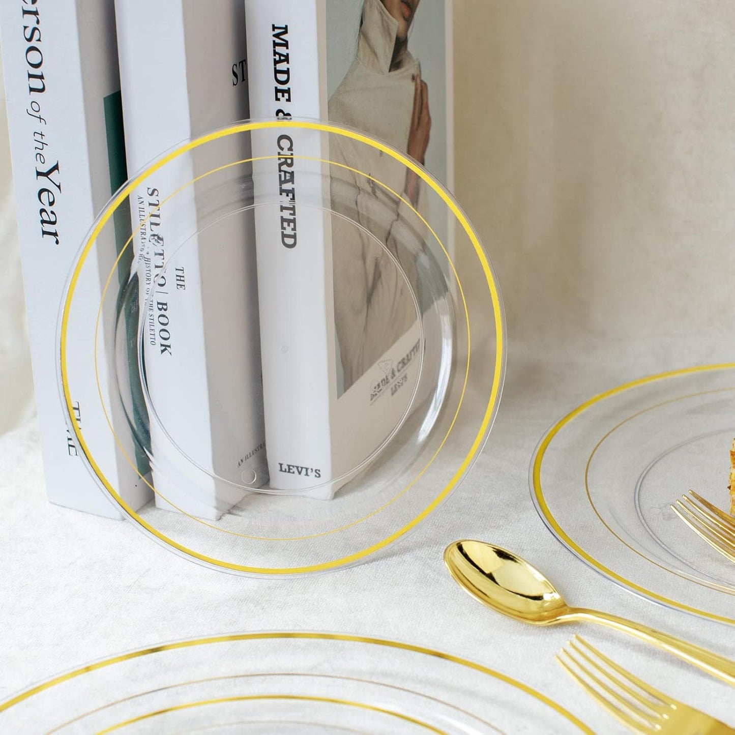 I00000 60 Pcs Clear Gold Plastic Plates, Gold Disposable Plates Includes: 30 Dinner Plate 10.25" and 30 Dessert Plate 7.5 ", Premium Clear Plate Prefect for Wedding and Gold Plates Party/Birthday