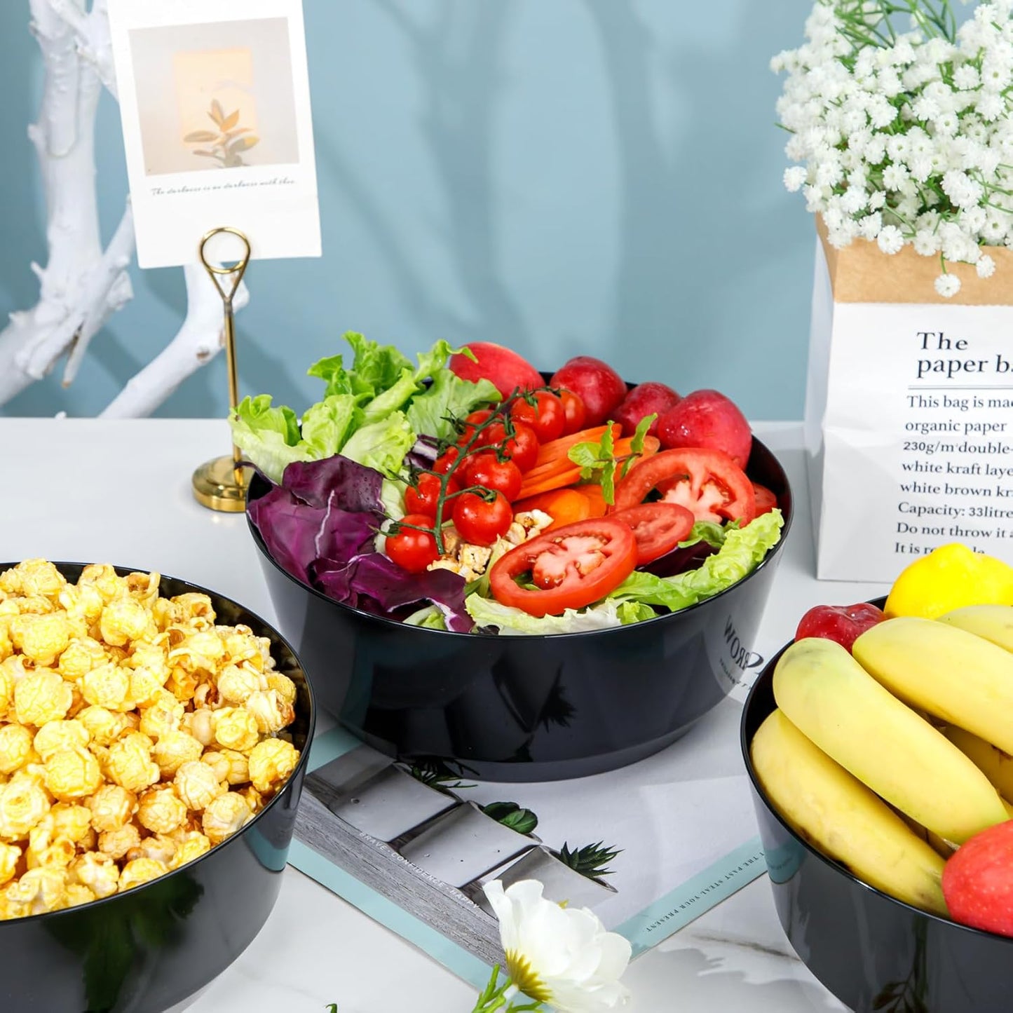 Hioasis 8 Pack Plastic Serving Bowls 128oz Black Plastic Bowls Heavy Duty Disposable Serving Bowls for Party Snack & Salad & Candy & Bar Buffet & New Year