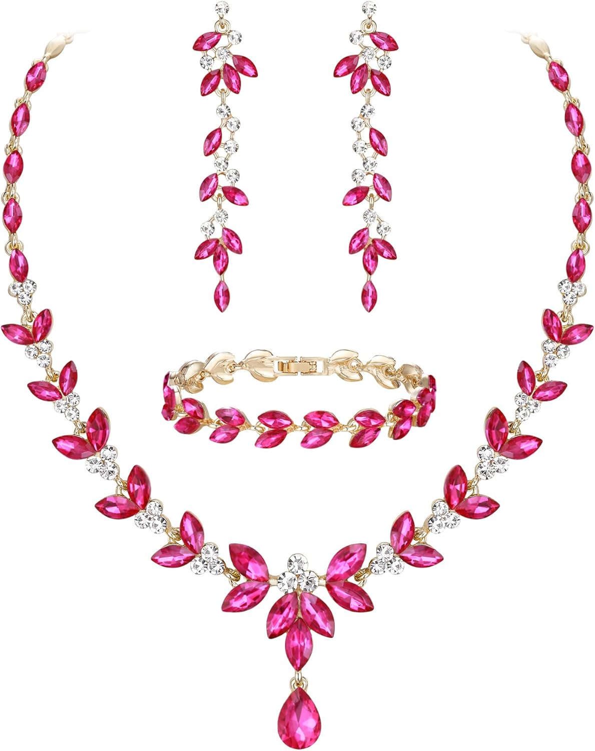 EVER FAITH Austrian Crystal Bridal Bridesmaid Jewelry Sets, Elegant Marquise Rhinestone Leaf Necklace Dangle Earrings Tennis Bracelet Set for Women