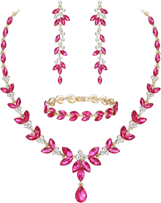 EVER FAITH Austrian Crystal Bridal Bridesmaid Jewelry Sets, Elegant Marquise Rhinestone Leaf Necklace Dangle Earrings Tennis Bracelet Set for Women