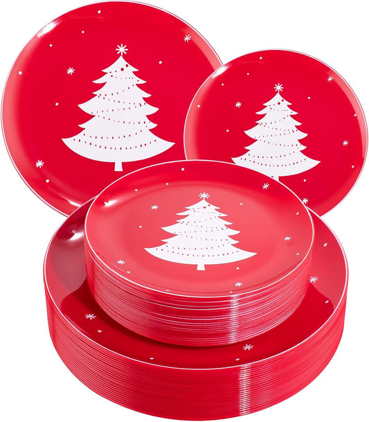 WDF 50 Pieces Plastic Christmas Plates - Red and White Plastic Plates with Christmas Tree include 25 Dinner Plates, 25 Salad Plates - Red White Party Plastic Plates for Christmas, Winter