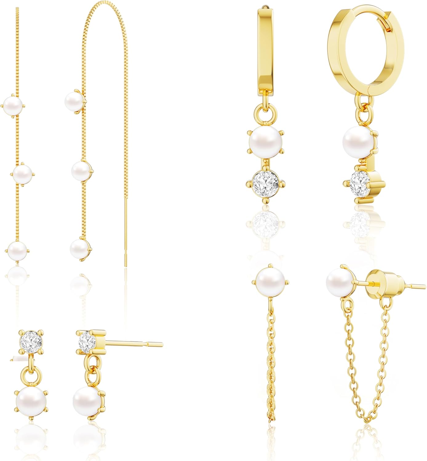 Moodear Gold Earrings for Women No Tarnish - Trendy 14K Gold Plated Pearl Hoop Studs Chain Earrings Stacks for Women Wedding Jewelry Gift