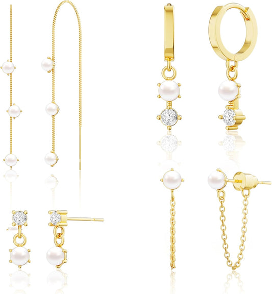 Moodear Gold Earrings for Women No Tarnish - Trendy 14K Gold Plated Pearl Hoop Studs Chain Earrings Stacks for Women Wedding Jewelry Gift