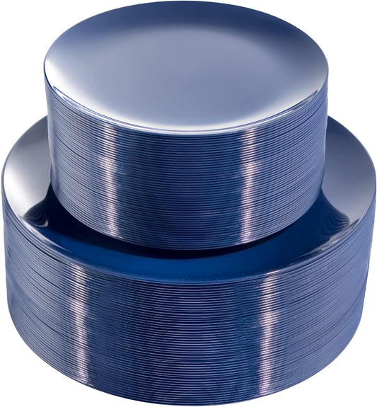 PULOTE 100PCS Blue Plastic Plates - Heavy Duty Navy Blue Disposable - Include 50PCS 10.25inch Dinner & 50PCS 7.5 inch Dessert/Salad Plates - Ideal for Party & Labor Day