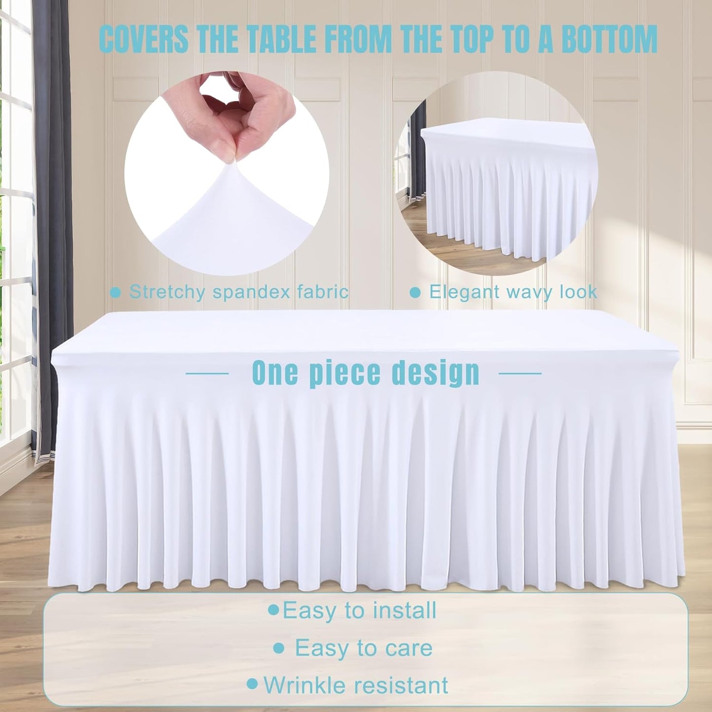 2 Packs White Spandex Table Clothes for 6 Foot Rectangle Tables, Wrinkle Free 6ft Fitted Table Cover Stretch Tablecloths Desk Skirt for Weddings Baby Shower Birthday Party Banquet Decorations