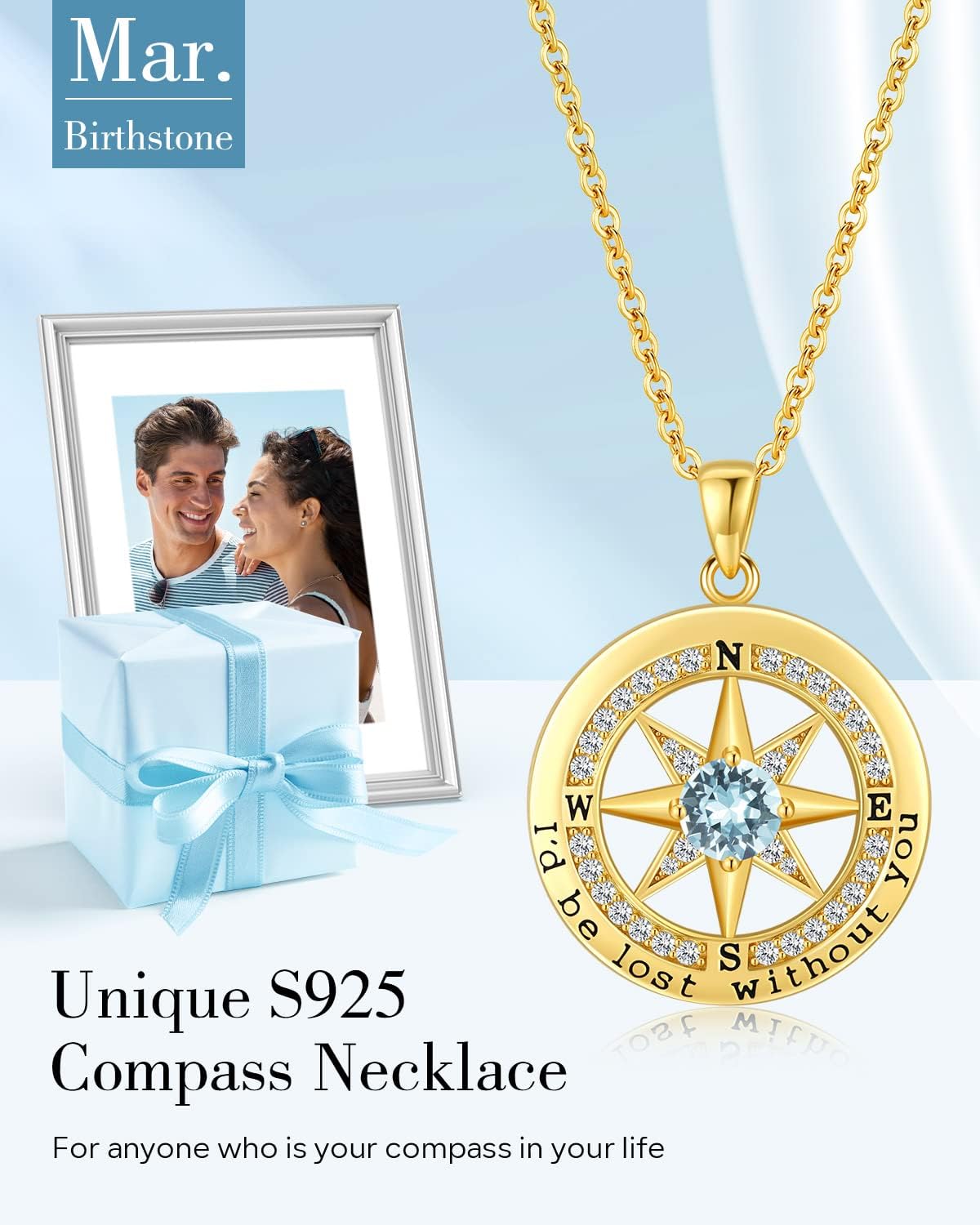 S925 Necklace Gift for Wife |Compass Jewelry |Women Anniversary |Sterling Silver |Girlfriend Birthday Gifts for Her Valentines |I'd be Lost without You |Jewel 18K Gold