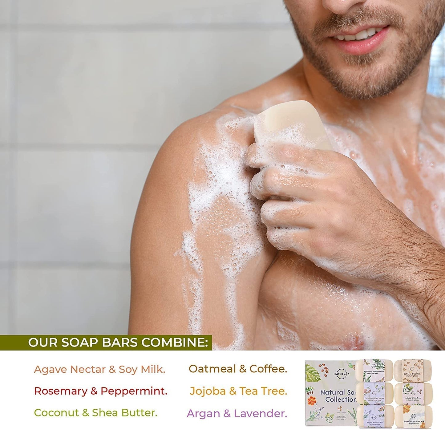 O NATURALS 100% Natural Bar Soap - Gift Set - Organic Ingredients & Essential Oils - Spa Gifts for Women & Men, Body Wash & Face Soap - 6PC Natural Collection