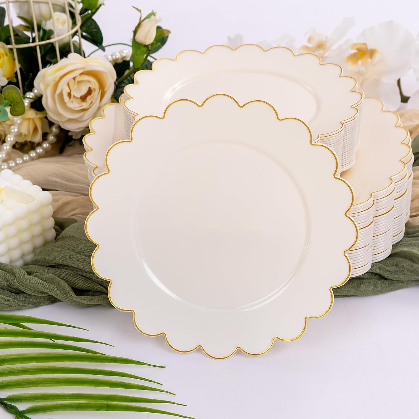 LIYH 60 Pcs Ivory and Gold Scalloped Plastic Plates - Disposable Fancy Combo Plates Includes 30 Dinner Plate 10.25" and 30 Dessert Plate 7.5" Plastic Heavy Weight Party Tableware Dishes