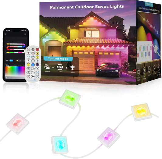 Permanent Outdoor Lights,100FT RGB+IC LED Lights with Smart APP & Remote Control, 72 Scene Modes, Waterproof IP65 for Holiday,Christmas,Yard Decorations(Extension Cord Not Included)