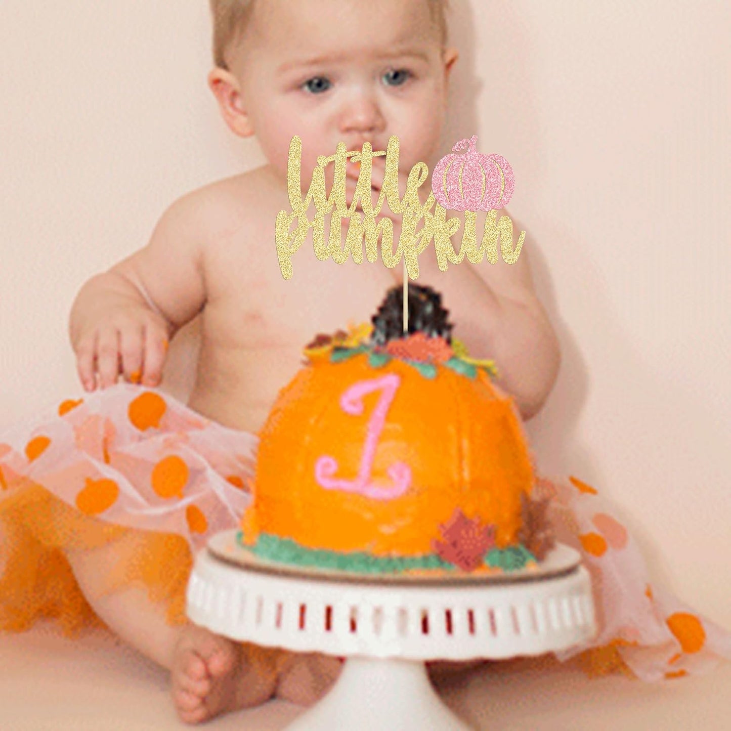 Gyufise Little Pumpkin Cake Topper - Pink Glitter Fall Girl Baby Shower Cake Decoration for Birthday, Halloween, Thanksgiving Party Supplies (1Pcs)