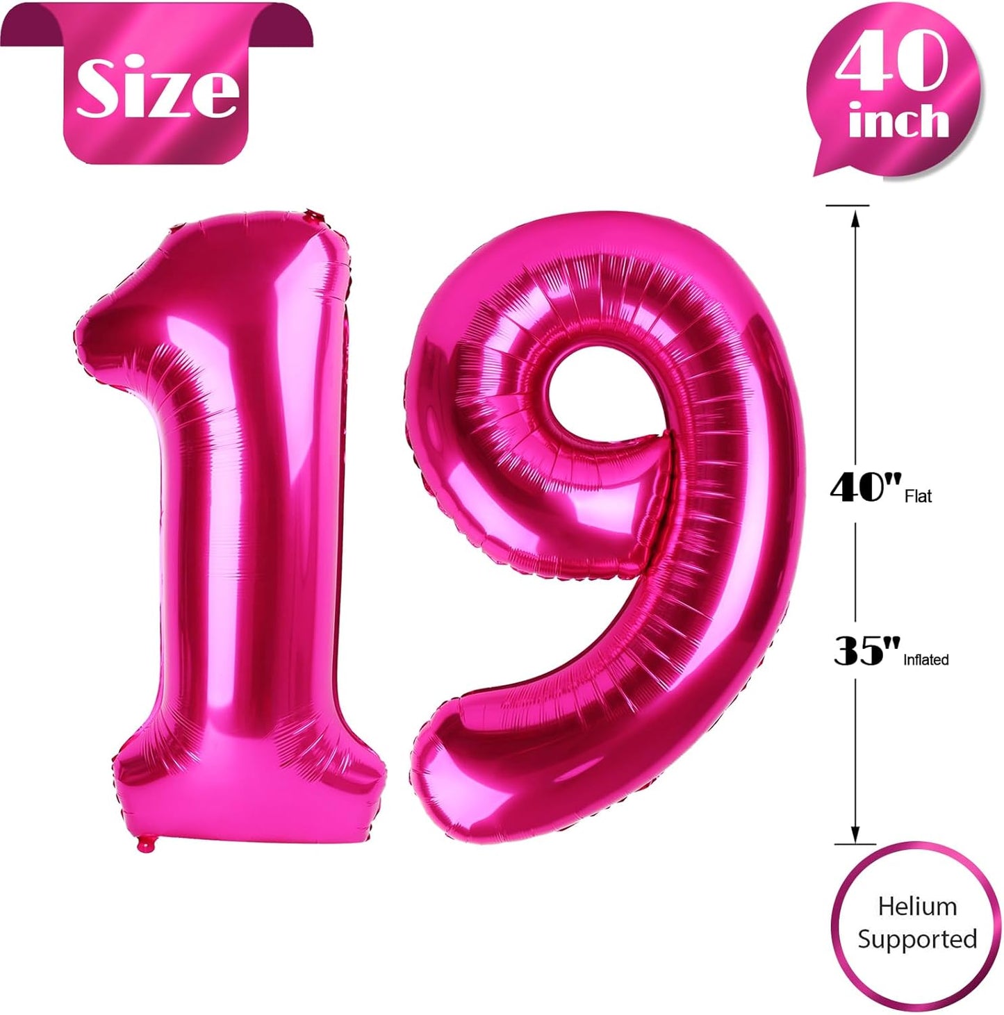 Hot Pink Number 19 Balloons 40 inch, 19 Number Balloons, 19th Birthday Decorations, 19 Year Old Women Hot Pink Party Supplies