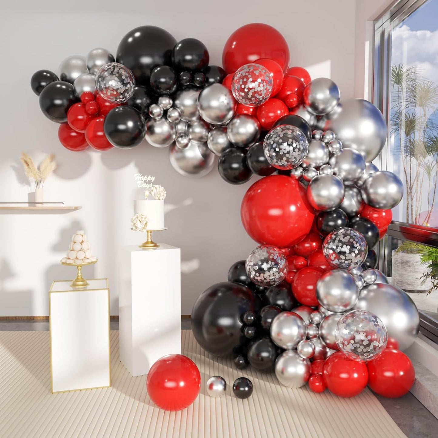 Black Red Metallic and Confetti Silver Balloons Garland Arch Kit, 147 Pcs Latex Balloon Different Sizes for Birthday Party Graduation Father's Day Anniversary Bachelorette Party Decoration