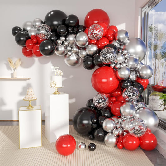 Black Red Metallic and Confetti Silver Balloons Garland Arch Kit, 147 Pcs Latex Balloon Different Sizes for Birthday Party Graduation Father's Day Anniversary Bachelorette Party Decoration