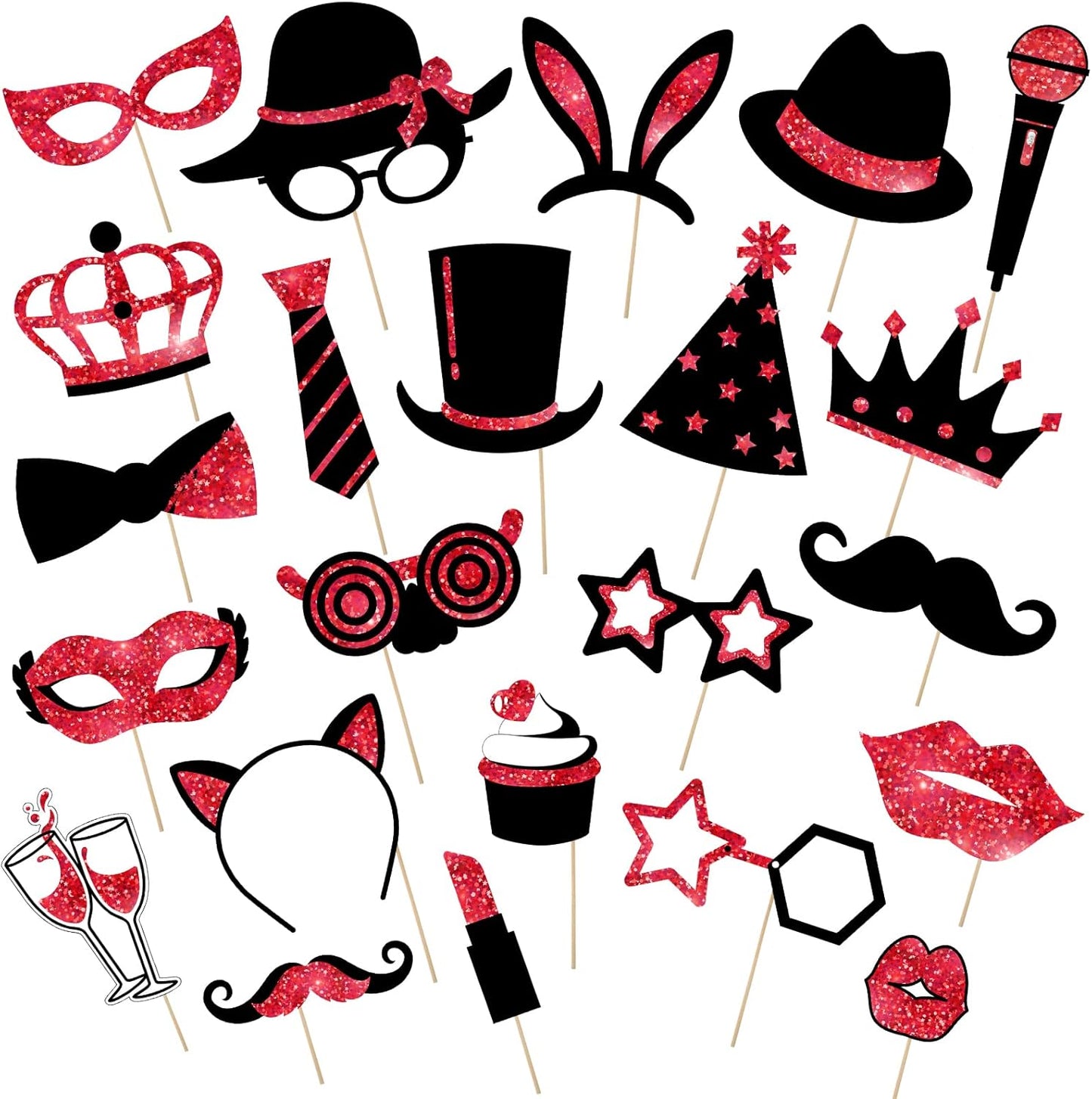 Zonon 24 Pieces Funny Photo Booth Props:Halloween,Christmas,Family Reunion, Class Reunion, Birthday, Weddings, Prom Disco Mardi Gras Party Supplies - Mix of Hats, Lipstick, Tie(Red and Black)