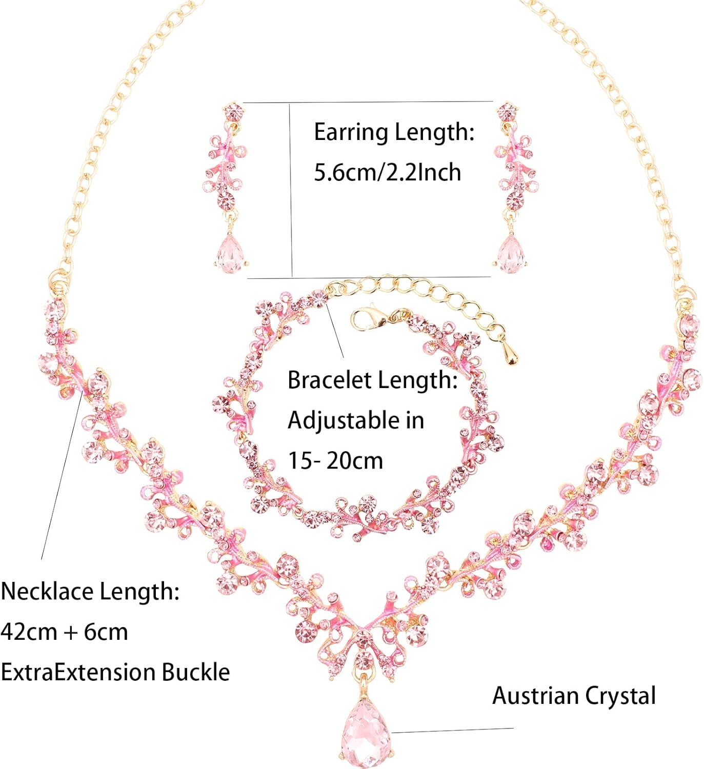 3Pcs Austrian Crystal Jewelry Set for Women, Necklace Dangle Earrings Link Bracelet Jewelry Set with Gold/Platinum/Gun Plated, Wedding Party Jewelry for Bridal Bridesmaid