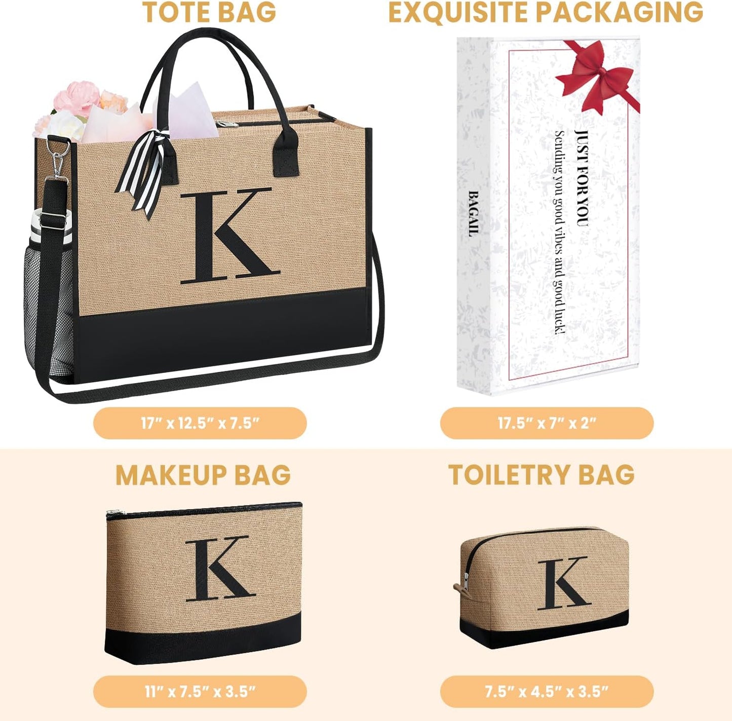 BAGAIL Initial Tote Bag, Personalized Birthday Gifts for Women, Teacher, Friends, Mom, Wedding, Monogrammed Beach Bag