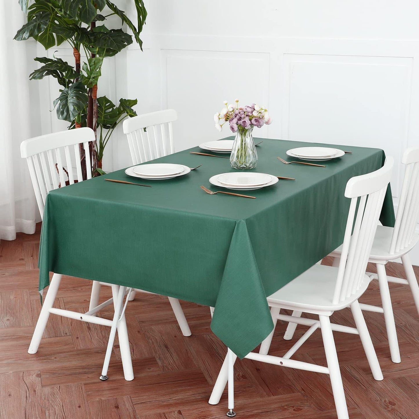 Romanstile Christmas 100% Waterproof PVC Tablecloth, Rectangle Oil Spill Proof Stain Resistant Vinyl Table Cloth, Wipe Clean Plastic Table Covers for Kitchen/Dining/Parties - 54 x 120 Inch, Dark Green