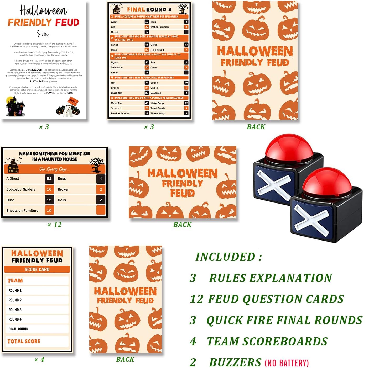 Halloween Friendly Feud Game with Two Buzzers, Halloween Party Supplies, Holiday Group Game - SC002-B