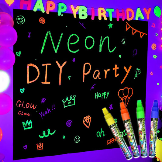 Mega-L Glow In The Dark Party Supplies, Neon Halloween DIY party decorations with 4 fluorescent colored pens, Let’s Glow Photography Background Birthday Graffiti Black Light Photo Booth (5.2x5.9 feet)