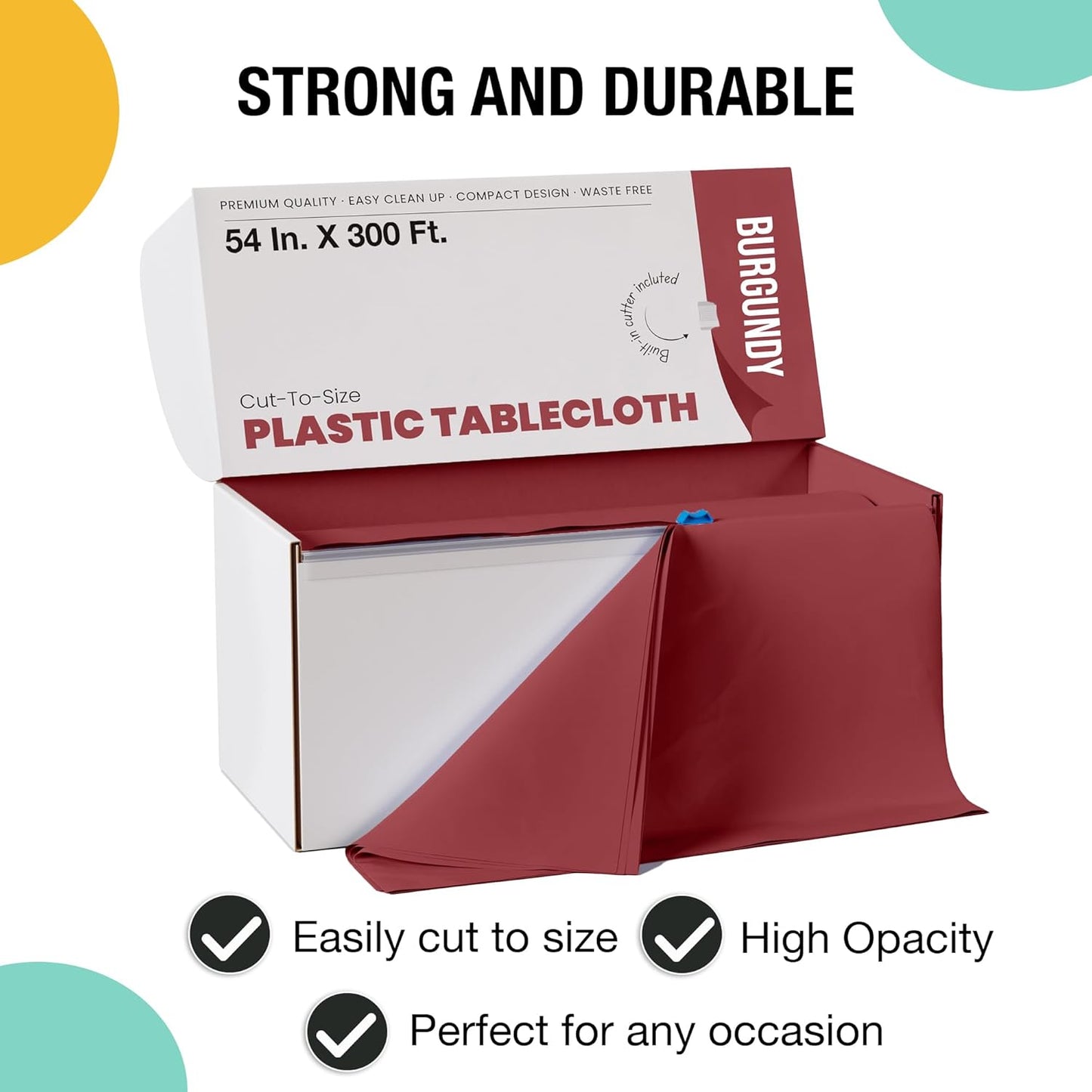 Party Solids 54 Inch X 300 Feet Burgundy Plastic Table Cover Roll in A Cut - to - Size Box with Convenient Slide Cutter. Cuts Up to 36 Rectangle 8 Feet Plastic Disposable Tablecloths