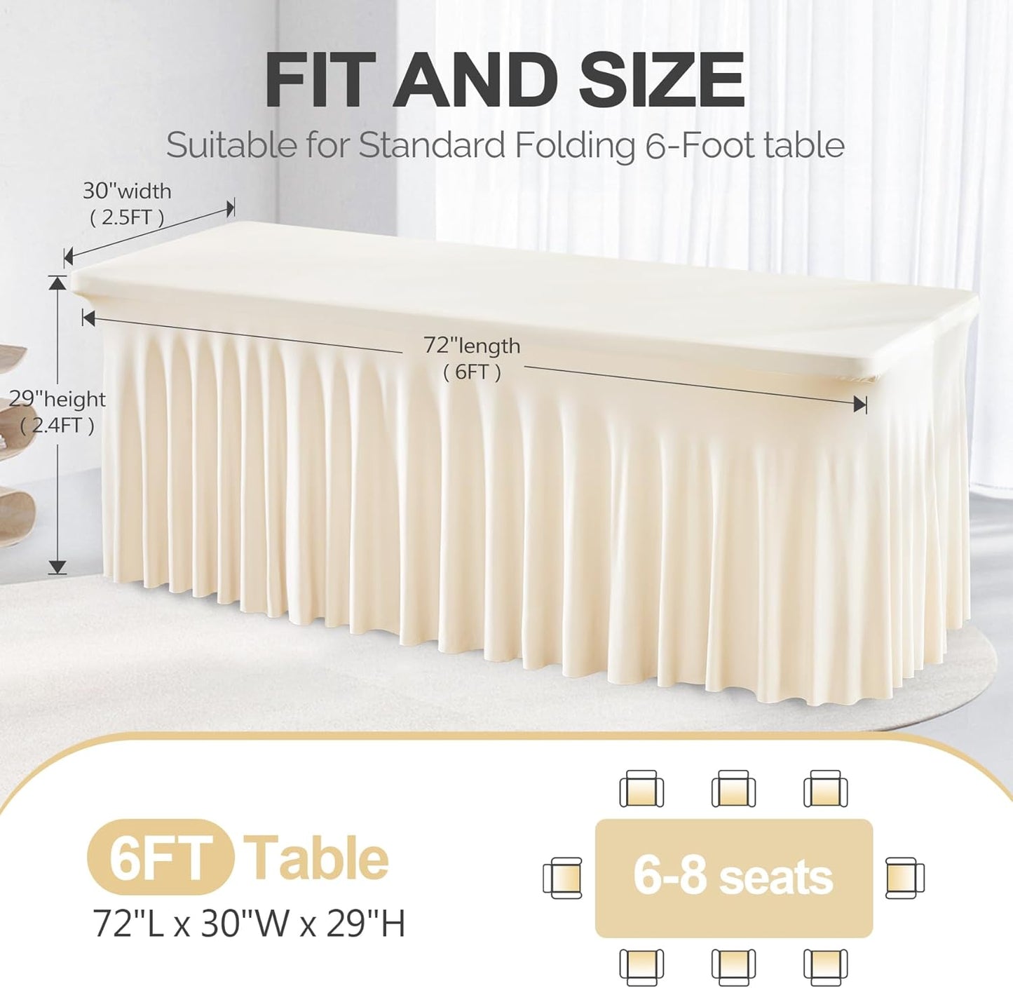 PARTISKY Ivory Spandex Tablecloth for 6ft Rectangle Tables, Stretchable Table Cover Skirt for Folding Tables Weddings Parties Banquets Events Trade Shows and Dessert Table