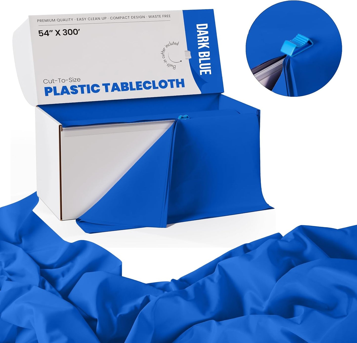 Exquisite Dark Blue Plastic 54x300 inches Rectangular Tablecloth Roll with Built-in Cutter - 300 Feet, All-Season, 1 Count