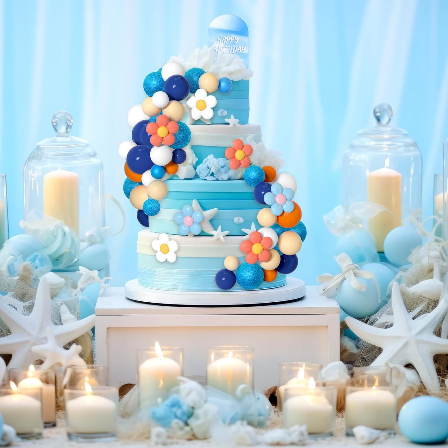 61 Pcs Boho Cake Topper Balls Decorations Mini Balloon Cake Topper Retro Hippie Daisy Flower Acrylic Ball Cake for Birthday Party Wedding Rainbow Baby Shower (Blue Orange)