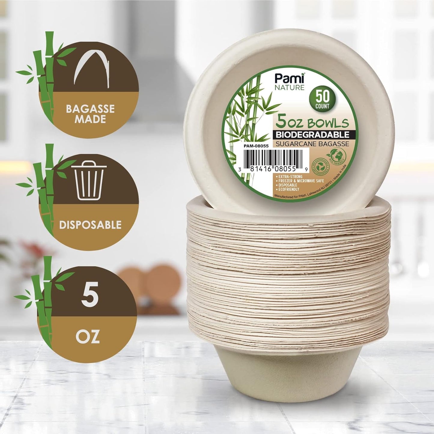 PAMI 100% Biodegradable Sugarcane Bowls [Pack of 50] Natural Compostable Soup Bowls- Planet-Friendly Bagasse Bowls For Hot & Cold Uses- Heavy-Duty Disposable Microwavable Paper Serving Bowls (5 oz.)