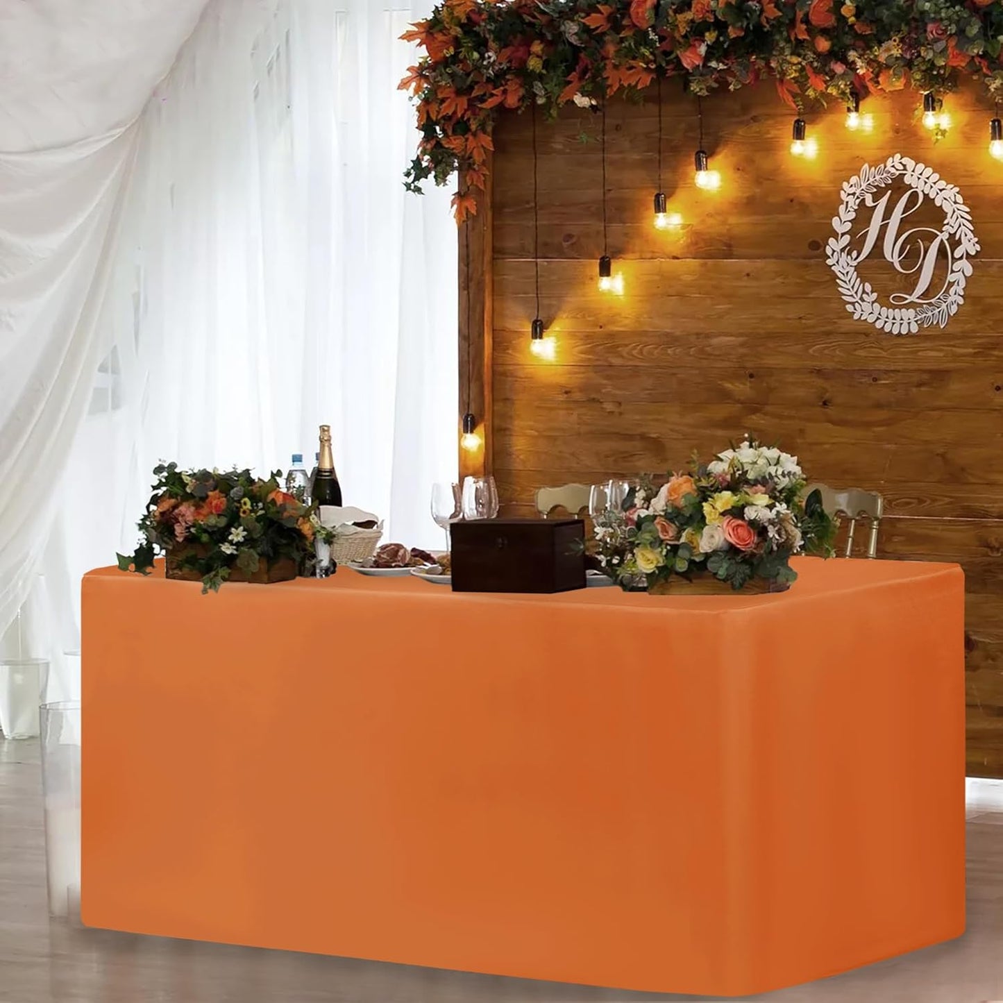 HolidayIdeas Fitted Orange Table Covers - 96 x 30 Inch - 2 Pack Rectangle Tablecloths for 8 Foot Tables, Polyester Fabric Tablecloth for Folding Table, Parties, Holiday Dinner, Wedding, Trade Show