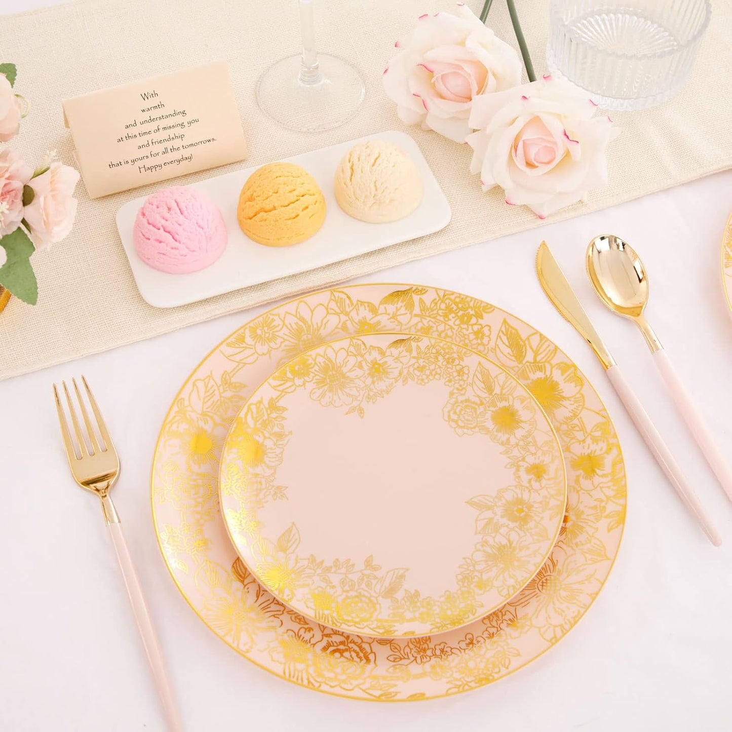 LIYH 60 Pcs Pink and Gold Plastic Plates - Disposable Pink Party Plates, Dessert & Dinner Plate, Baby Shower Bridal Shower Floral Fairy Plate for Birthday Tea Party